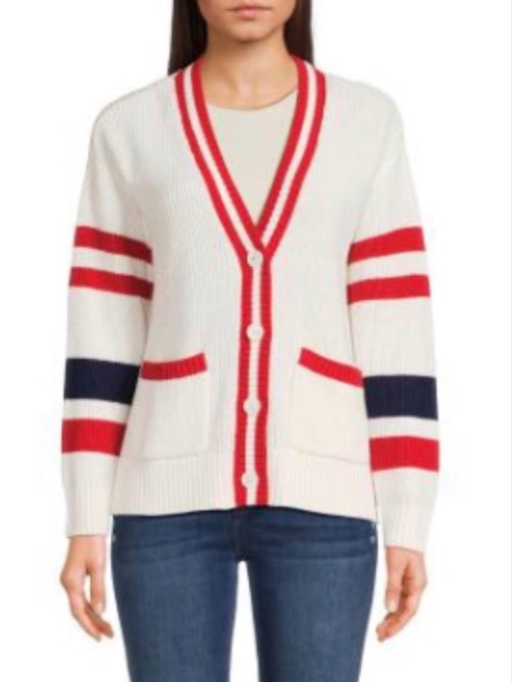 Saks Fifth Avenue Cream Cardigan with Red & Navy Stripe Trim